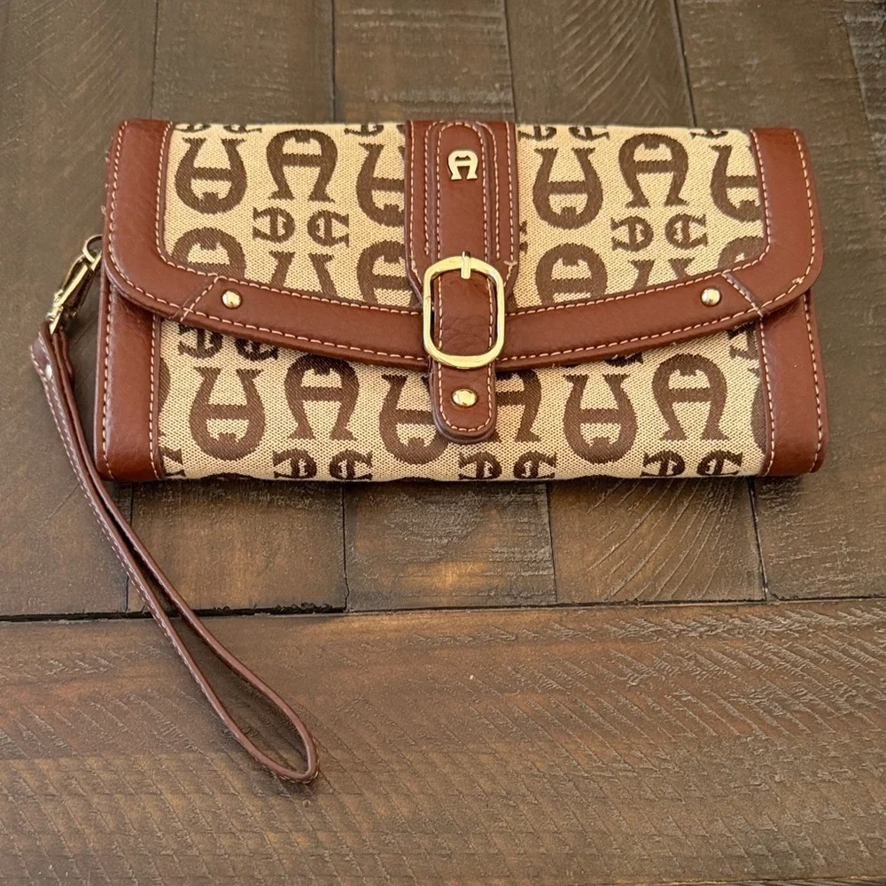 Etienne Aigner Brown and Cream Logo Wristlet